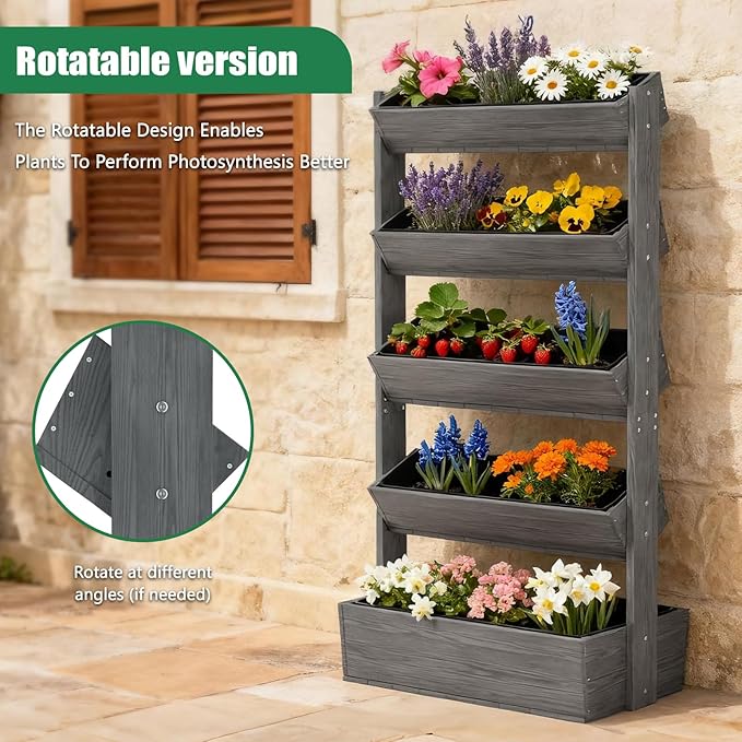 SUNYRISY 5 Tiers Vertical Raised Garden Bed Outdoor Planter Tower, Wooden Freestanding Planter Box for Planting Herbs Flowers Vegetables Patio Balcony Indoor Outdoor Gardening, Grey