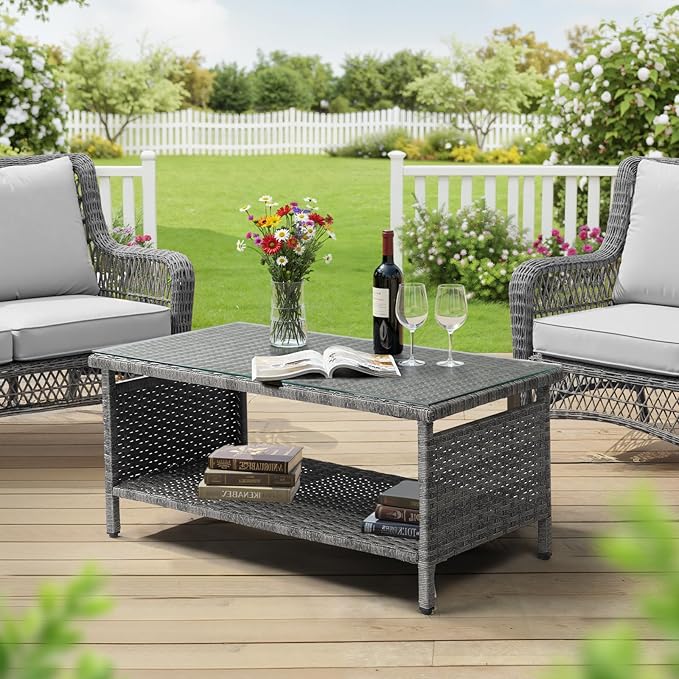 VINGLI Outdoor Wicker CoffeeTable Patio Coffee Tables for Outside, Tempered Glass Top Wicker Table with Storage Coffee Table for Patio Balcony Porch Deck (Gray)