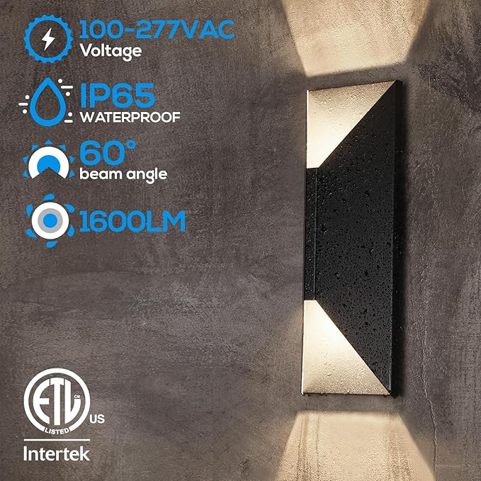 LEONLITE 5CCT Dimmable LED Up Down Wall Light, 100-277V, CRI 90+, IP65 Waterproof, 10%-100% Dimmable for Commercial Outdoor, 14 Inch Modern Porch Light, 2200K/2700K/3000K/4000K/5000K, Pack of 2