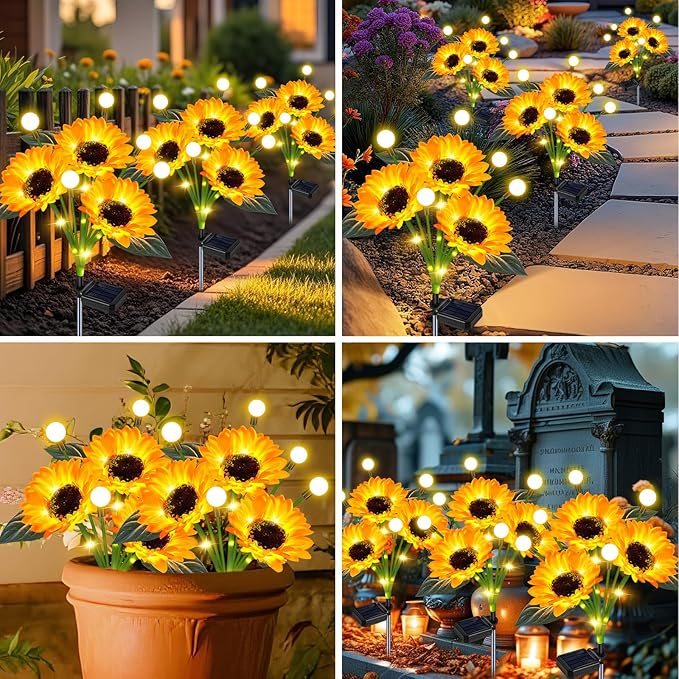 Solar Lights Outdoor Garden Decor,4 Pack Sunflower with Firefly Lights,Solar Flowers Lights Waterproof,Birthday Gifts for Mom Women Grandma,Outside Decorative Garden Stakes for Yard Patio Porch Lawn