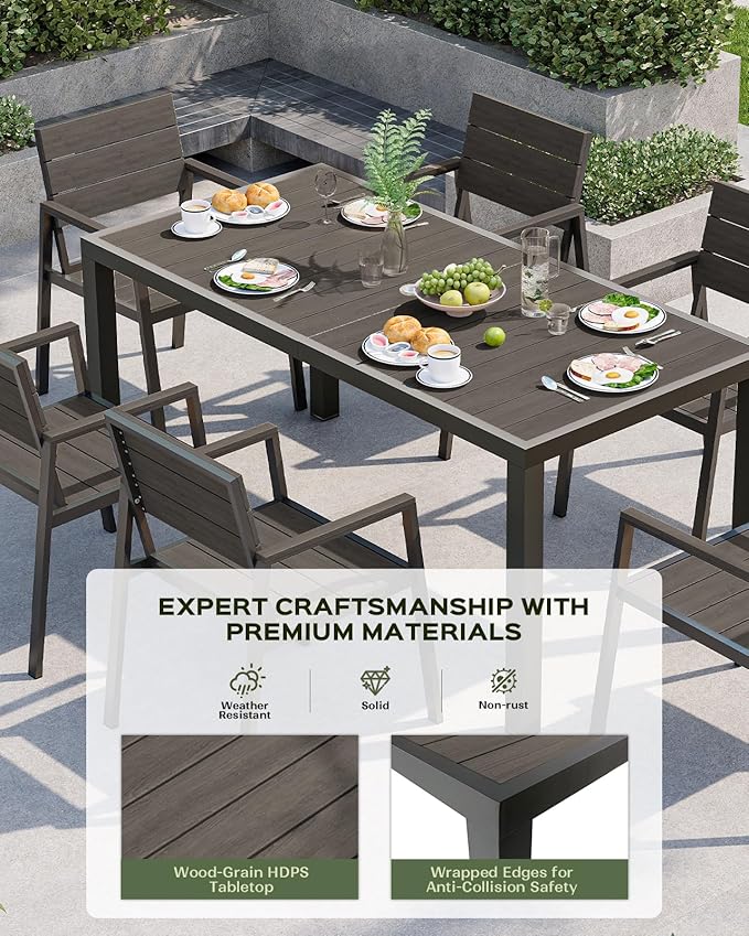 67" HDPS Outdoor Patio Dining Table, Aluminum-Edged Outdoor Dining Table with Umbrella Hole, Weather-Resistant for Lawn, Garden, Poolside and Indoor Use, Charcoal