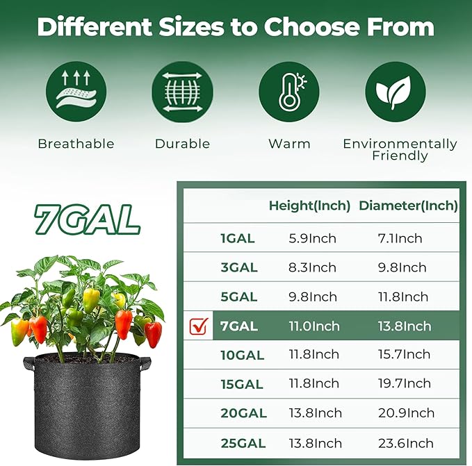 T4U Fabric Plant Grow Bags with Handle 7 Gallon Pack of 5, Heavy Duty Nonwoven Smart Garden Pot Thickened Aeration Nursery Container Black for Outdoor Potato, Tomato, Chili, Carrot and Vegetables