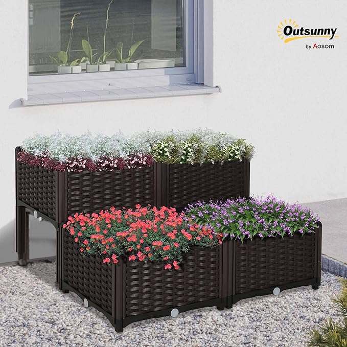 Outsunny 4 Piece Raised Garden Bed with Legs, Planter Box Raised Bed to Grow Flowers, Herbs & Vegetables, Brown
