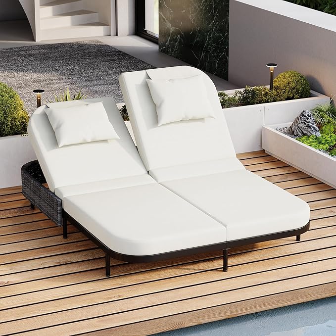 Merax Outdoor Daybed,Patio Rattan Daybed with Adjustable Backrest,Patio Wicker Loveseat Lounger,Outdoor Bed Loveseat Sofa Set with Pillows and Cushions for Garden, Backyard, Poolside,Black+Beige