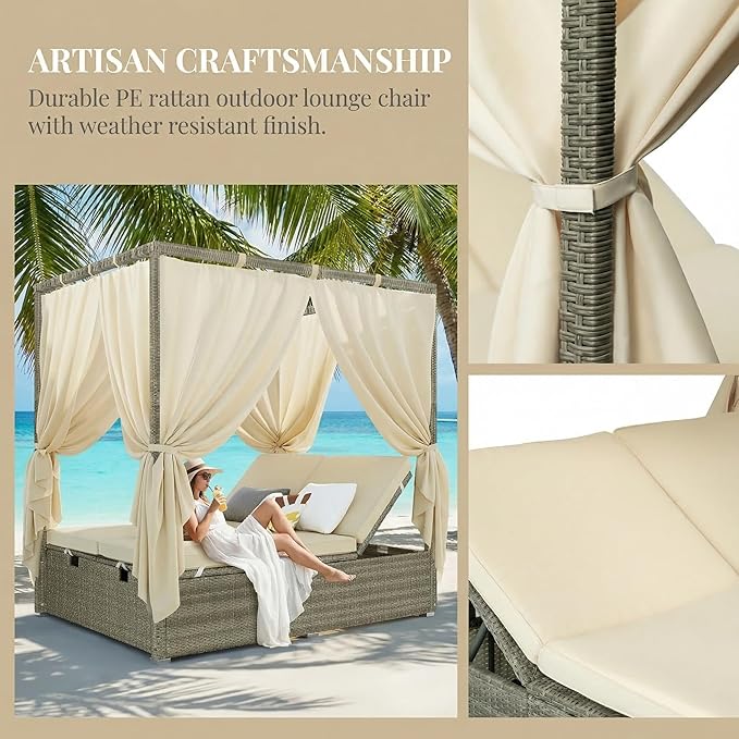 Harper & Bright Designs Adjustable Outdoor Sun Lounger with Canopy,Multi-Position Recline Patio Chair with Removable Cushion,Weather-Resistant Rattan Chaise Lounge for Poolside,Garden & Terrace,Beige