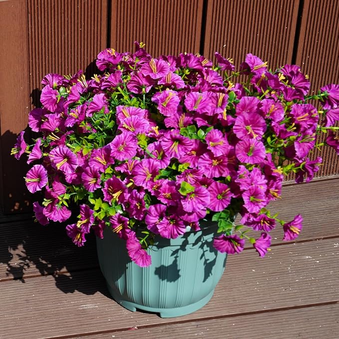 Artificial Flowers for Outdoors, UV Resistant Fake Silk Morning Glory, Realistic Faux Plants for Outside Porch Patio Window Box Hanging Planter (12, Purple Fuchsia)