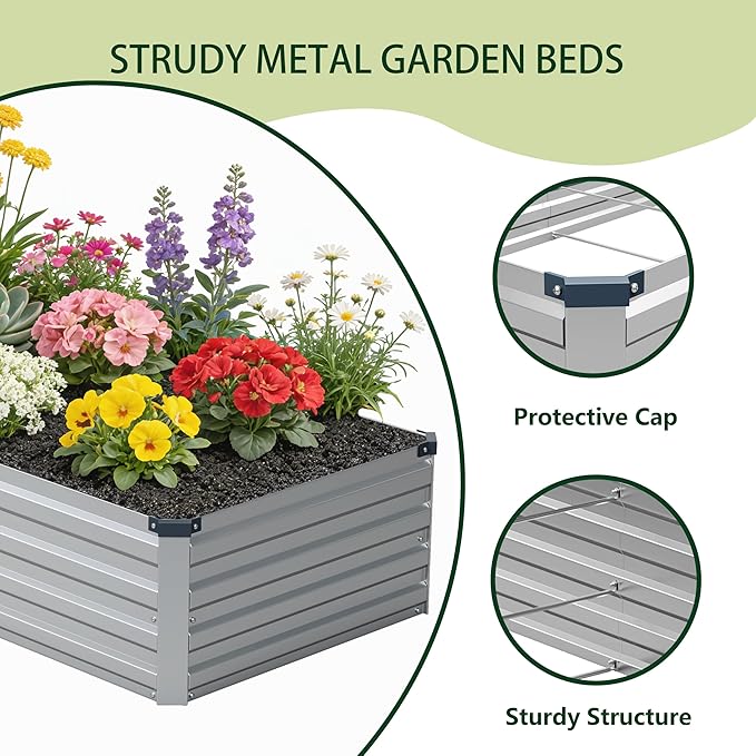 8x4x1 ft(2 Pack) Galvanized Raised Garden Bed,Outdoor Planter Box Metal Patio Kit Planting Bed for Vegetables Flowers and Succulents,Silver