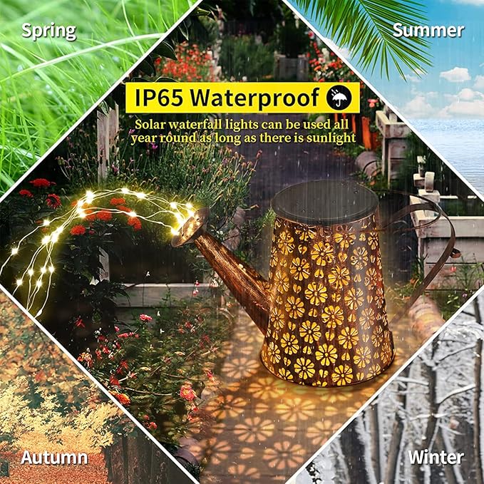 Outdoor Solar Watering Can with Lights Garden Decor Large Solar Powered Lanterns Hanging Waterproof LED Decorative Retro Metal Kettle String Lights for Table Yard Pathway Walkway Gardening Gifts