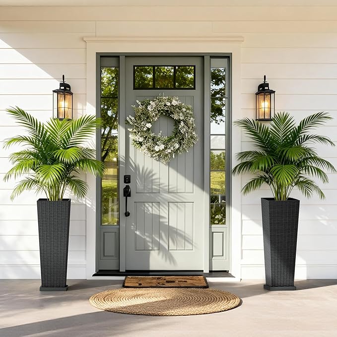 Set of 2 32 Inch Tall Plastic Planters with Drainage Saucers, Rattan Pattern UV Resistant Indoor Outdoor Flower Pots for Patio Garden Balcony Decor, Black