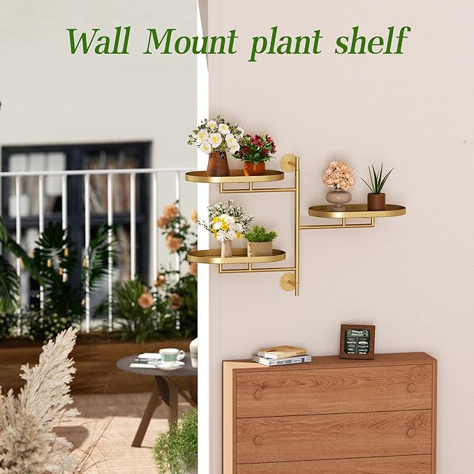 Window Rotating Plant Stand Shelf Indoor Gold Metal Floating Shelves 3-Tier Wall Mount Plant hanger Holders for Wall Planter Modern Home Decor window sill gifts