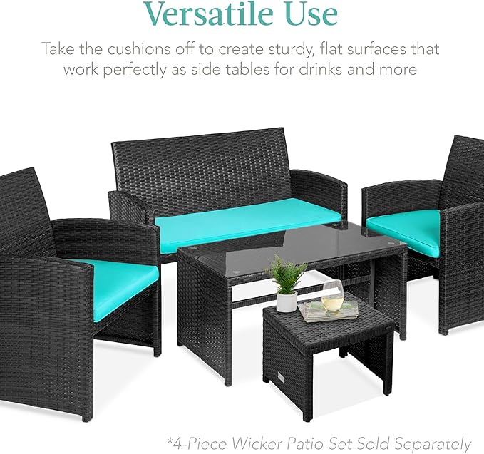 Best Choice Products Set of 2 Wicker Ottomans, Multipurpose Outdoor Furniture for Patio, Backyard, Additional Seating, Footrest, Side Table w/Removable Cushions, Steel Frame - Black/Teal
