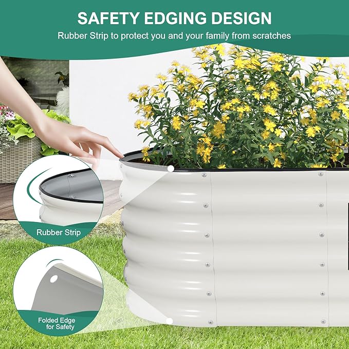 Galvanized Raised Garden Bed - 6×2×1.4ft Planter Raised Beds for Gardening | Oval Metal Garden Planter Box with Safety Edging and Gloves for Vegetables Fruits and Flower White
