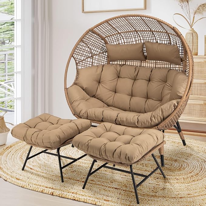 NICESOUL Double Egg Chair with Footstools & Cushions, Oversized Wicker Boho Chair Extra Large with Footrests Stationary 2 Person Loveseat Comfort Deep Seating for Indoor Outdoor