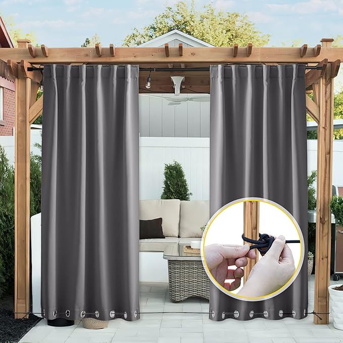 NICETOWN 2 Panels Weighted Blackout Curtains for Patio Waterproof, Grommet & Back Tab on Top & Bottom Windproof Blackout Outdoor Curtains for Porch with Bouns Rope for Fixed, Grey, W52 x L84