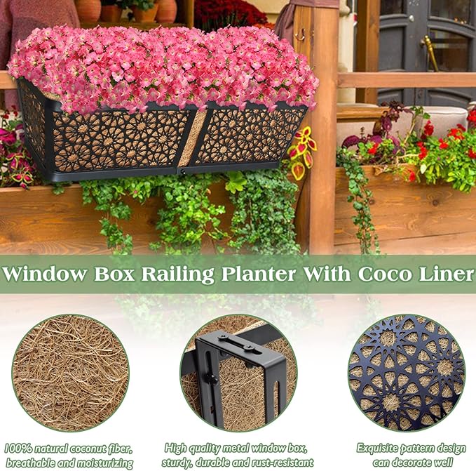 ZeeDix Railing Planter Boxes, 24 Inch Window Flower Box Planters with Coco Liner & Adjustable Brackets for Deck Porch Fence Patio Balcony Gardening Outdoor Plants (2 Pack)