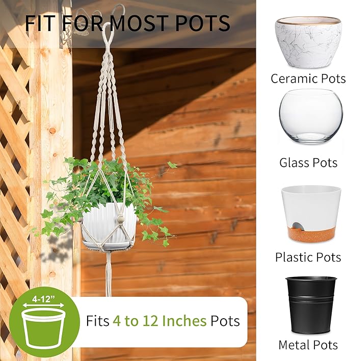 Macrame Plant Hanger - Fits 4 to 12 inches Pots for Indoor Outdoor, 44 Inch, 2 Pack, Ivory (POTS NOT Included)