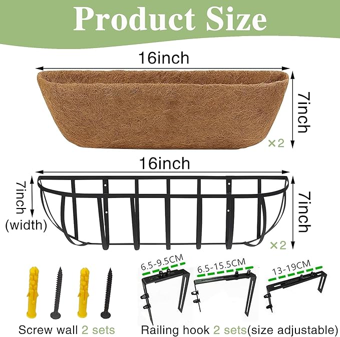 English Inviting Horse Trough Balcony Planter With Coconut LinerMetal Wall-Mounted Planter Box Deck Window Box 16 Inch (2 Pack)