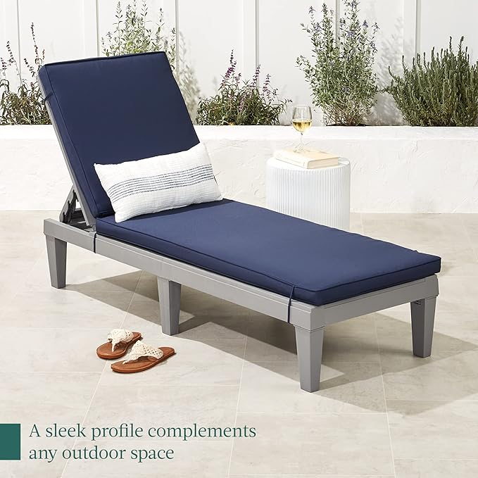 Best Choice Products Outdoor Lounge Chair, Resin Patio Chaise Lounger for Poolside, Backyard, Porch w/Seat Cushion, Adjustable Backrest, 5 Positions, 330lb Capacity - Gray/Navy