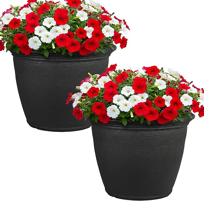 Sunnydaze 24-Inch Anjelica Large Plastic Pot for Plants - Outdoor Double-Walled Large Plastic Planter with Drillable Drainage Holes - Matte Black - 2pk