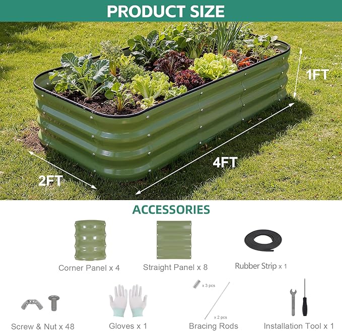 3 in 1 Galvanized Raised Garden Bed - 4x2x1ft Modular Garden Planter Bed Outdoor | Steel Raised Bed Kit with Bracing Rods, Gloves for Gardening Vegetables Fruits and Flowers (Green)