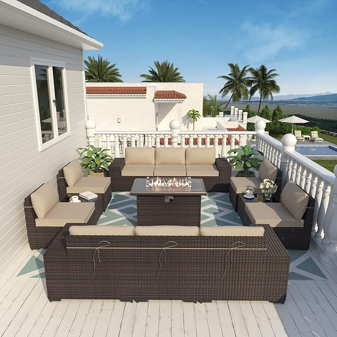 ALAULM 13 Pieces Patio Furniture Set with Propane Fire Pit Table Patio Sectional Sofa 43" Gas Fire Pit Brown PE Rattan Patio Conversation Set w/10 Seat Cushions-Sand