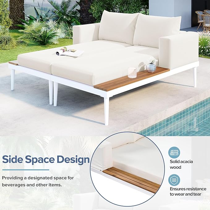 LUMISOL Outdoor Patio Daybed Metal Daybed with Cushions and Wood Topped Side Spaces for Drinks, 2 in 1 Padded Chaise Lounges for Poolside, Balcony, Deck, Beige