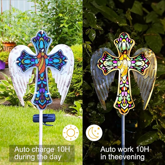 YJFWAL Solar Glass Cross Garden Stake Light, Cemetery Decorations for Grave Outdoor Lights, Easter Jesus Cross Angel Wings Sympathy Memorial Gifts, for Garden Lawn Yard Patio Decor