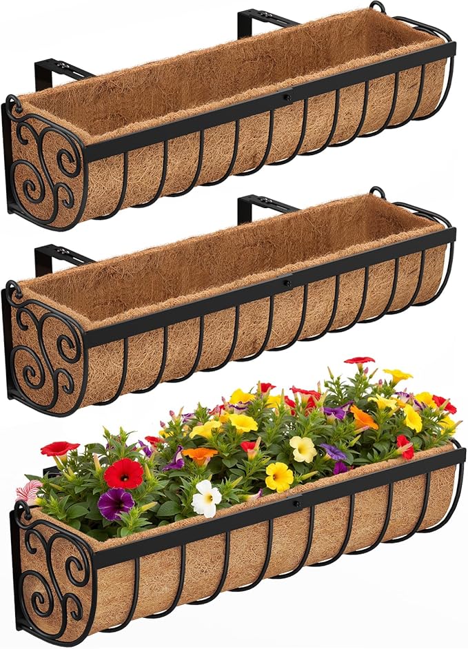 Railing Planter Boxes, 30 Inch Window Boxes Planters, Balcony Planters with Adjustable Brackets & Coco Liner & Support Rod for Outdoor Fence, Deck, Porch, and Patio Gardening, 3 Pack