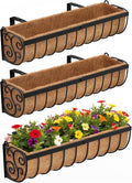 Railing Planter Boxes, 30 Inch Window Boxes Planters, Balcony Planters with Adjustable Brackets & Coco Liner & Support Rod for Outdoor Fence, Deck, Porch, and Patio Gardening, 3 Pack