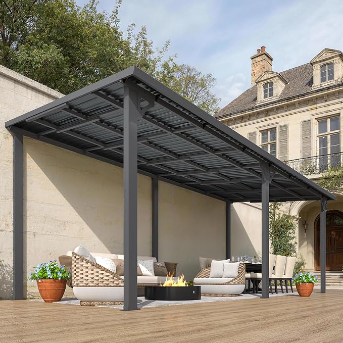 AECOJOY 8' x 20' Outdoor Hardtop Metal Gazebo for Patio, Large Lean to 20x8 Galvanized Steel Wall Mounted Pergolas and Grill Gazebos Clearance, Patio Roof Heavy Duty Metal Awnings for Backyard, Decks