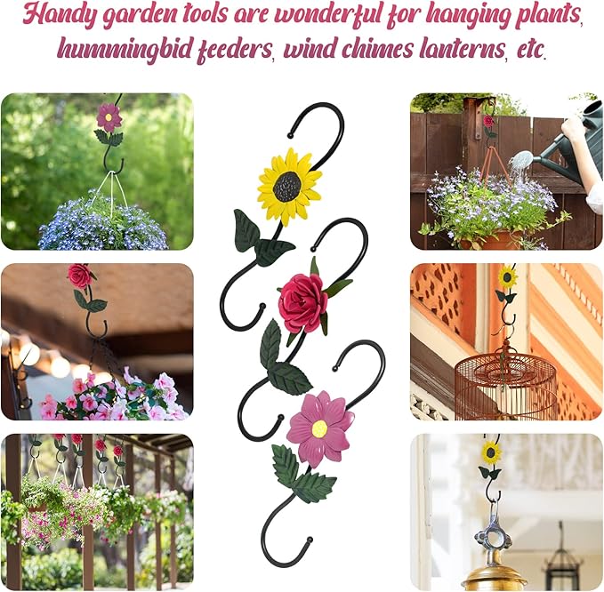S Hooks for Hanging Plants, Set of 3 Black Metal Plant Hangers, Beautiful and Vivid Plant Hook for Garden Planters, Flower Baskets, Pots, Bird Feeders Outdoor Indoor