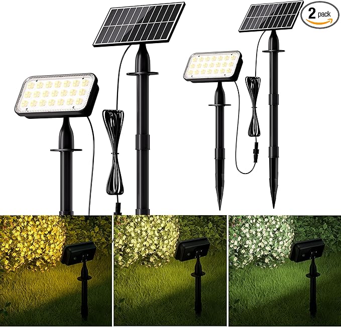 JACKYLED Solar Lights Outdoor Waterproof, Solar Tree Lights Outdoor with 10ft Cord, 3 Colors & 5 Modes, Bright Solar Lights for Outside, Garden, Pathway, Fence, 2-Pack