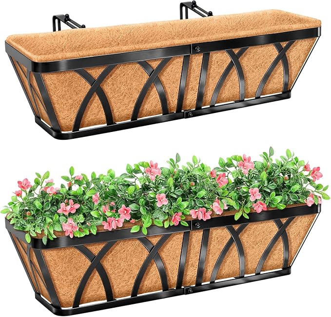 Riare 2 Pack 24 Inch Metal Railing Planter Window Box with Coco Liner- Adjustable Window Flower Boxes for Railings, Hanging Rail Planters for Deck, Balcony, Porch, Fence, Indoor Outdoor Plants
