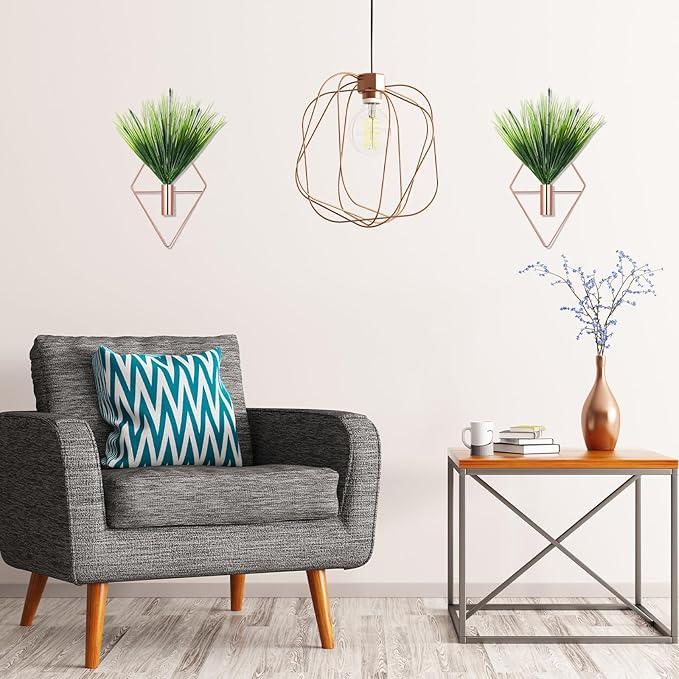 2 Pieces Wall Decor Hanging Planters with Artificial Plants Metal Hanging Vase Indoor Plants Holder Modern Boho Wall Art for Bathroom Bedroom Living Room Decor(Rose Gold,Aquatic Plant)