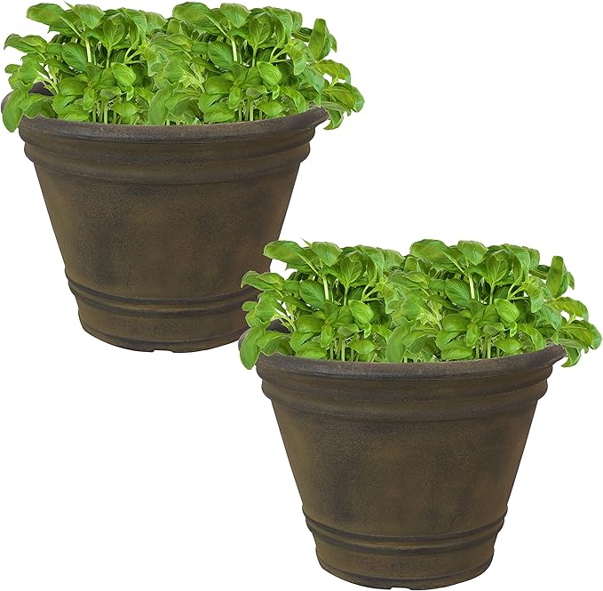 Sunnydaze 20-Inch Franklin Large Plant Pot - Polyresin Round Outdoor Planter with Drillable Drainage Hole - 2 Pack - Sable
