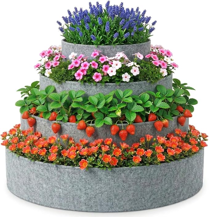 4 Pcs Plant Grow Bags 4 Tiered Strawberry Planter Tower Fabric Raised Garden Beds, 39 Inch Nonwoven Strawberry Pyramid Planter for Vegetables Flower Herbs Gardening Outdoor Growing (Gray)