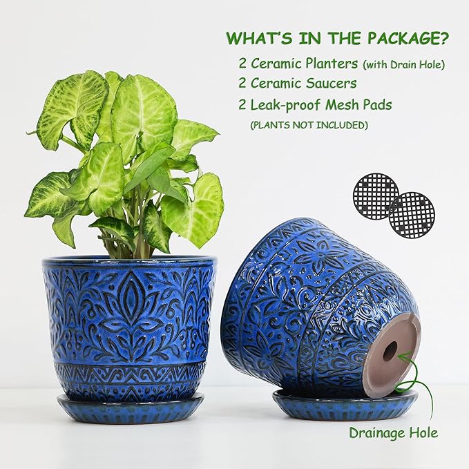 Gepege 6 Inch Ceramic Planter, Blue Plant Pot with Drainage Holes and Saucers for Indoor Plants, Birthday for Women Mom