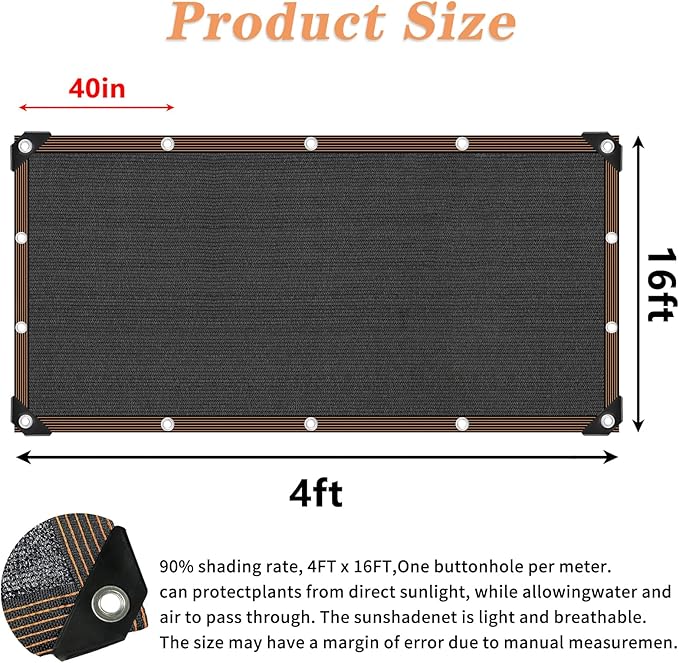 QLOFEI 4x16 FT Shade Cloth with Grommets, 90% Sun Shades Outdoor Patio Mesh Tarp, Easier to Hang Sun Protection Neting Cover -for Garden Greenhouse Pergola Lawn Kennel Chicken Coop