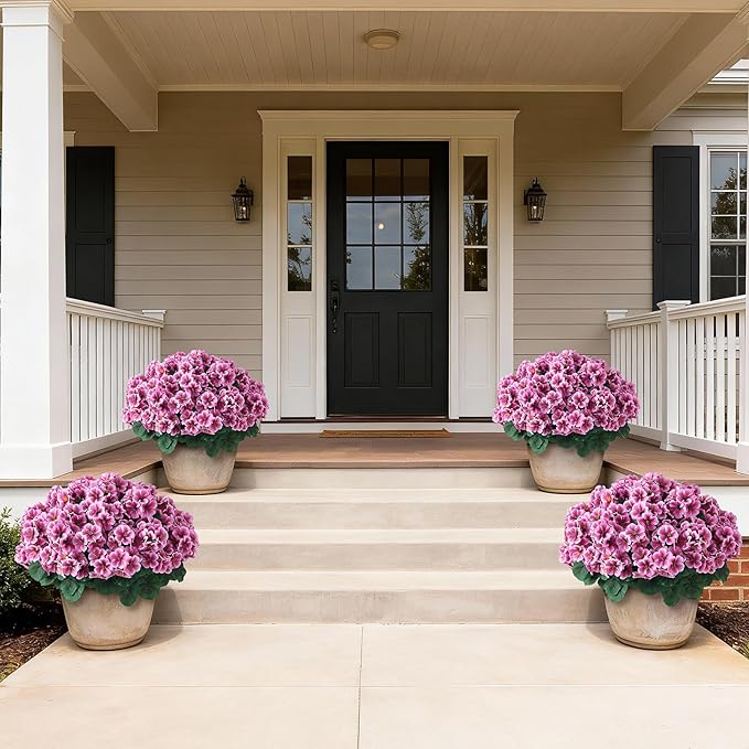 2 Pack Artificial Geranium Flowers Topitary Trees for Outdoors, UV Resistant Geraniums Potted Bushes Look Real Silk Faux Plants for Front Door Garden Porch Planter Farmhouse Home Decor (Pink)