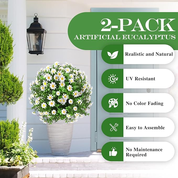 Artificial Topiary Bushes for Outdoors with Spike, Boxwood Ball Fake Shrubs UV Resistant Faux Plants for Indoor Outdoor Fall Thanksgiving Halloween Decor (Sunflower Boxwood White -2 Packs)