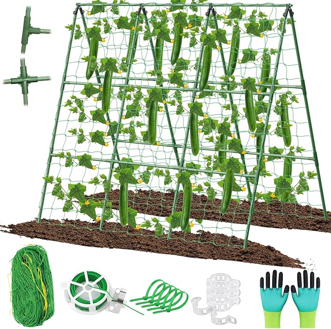 Cucumber Trellis for Raised Beds, 45 x 53 Inch Adjustable Size A-Frame Garden Trellis for Climbing Plant Outdoors with Climbing Net and Plant Support Clip for Vegetable Grape Tomato Bean Pea