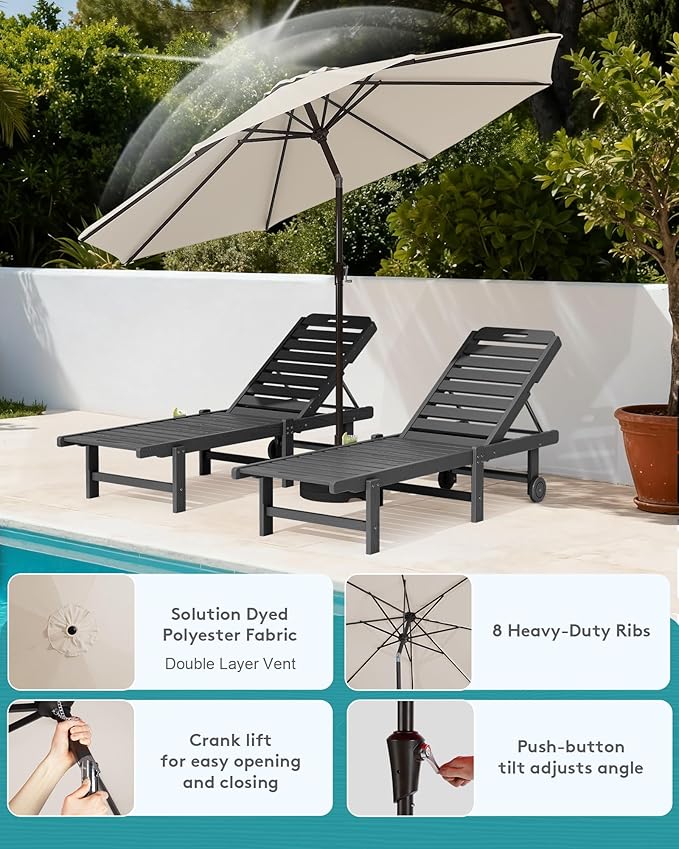 SERWALL Outdoor Chaise Lounge Set of 2 with 9FT Patio Umbrella, HDPE Pool Lounge Chair with 5-Position Adjustable Backrest, Patio Lounger with Rolling Wheels & Cup Holder for Pool, Grey