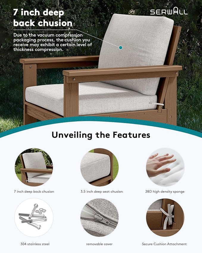 SERWALL HDPE Patio Sofa Set, 3-piece Sectional Outdoor Furniture Set, All Weather Outdoor Couch Set Patio Furniture Set for Deck, Lawn, Brown Frame with Khaki Cushion