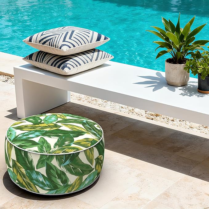 LVTXIII Indoor/Outdoor Inflatable Ottoman with Handle D21 x H9 Inch, Weather-Resistant Round Footstool Pouf for Patio Camping Living Room, Portable Footrest Extra Seating, Lush Leaf Jungle