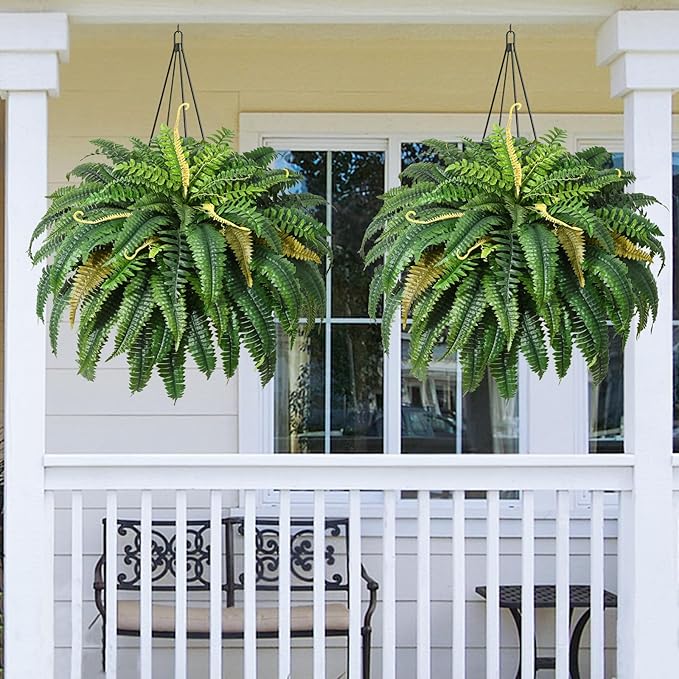 MARTINE MALL 2Pcs 48'' Fake Ferns Artificial Ferns for Outdoors Look Real, 88 Branches Large Faux Boston Fern for Outdoor Planter Realistic UV Resistant Hanging Artificial Fake Plants for Porch Patio