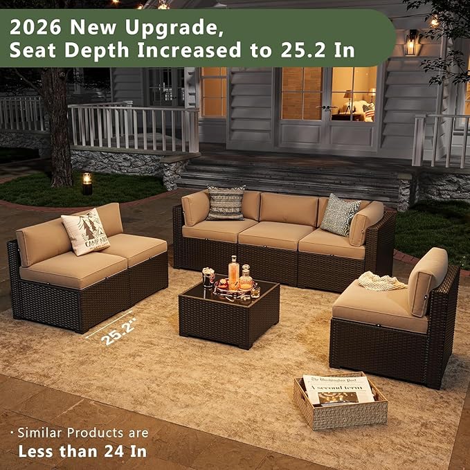 Aoxun 7 Piece Patio Furniture Set, Wicker Rattan Patio Sectional Sofa, Outdoor Furniture Set with Thickened Cushion, Beige
