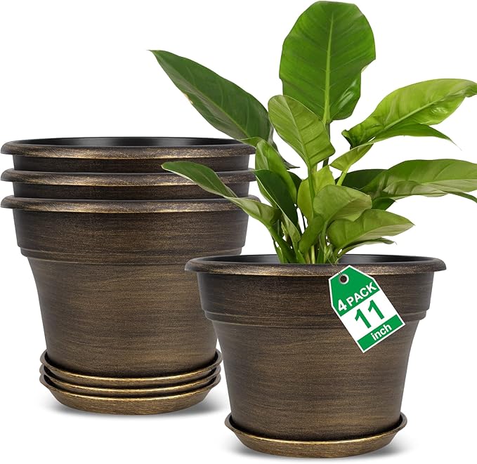 Plant Planters Pots Set of 4 Pack 11 Inch, Plastic Flower Pot For Indoor Plants With Drainage Holes & Trays, Resin Decorative Container Sets With Saucer For House Outdoor Garden Planters Dark Gold