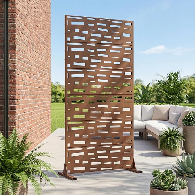 Casaphoria Metal Privacy Screen Outdoor, 72" H x 35" W Freestanding Decorative Privacy Screen for Patio Deck Balcony Garden with Stable Base, Brown-Geral