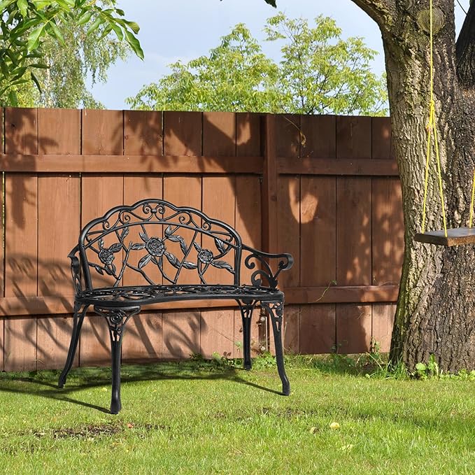 VINGLI 38.5" Patio Park Garden Outdoor Metal Rose Bench, 2-Person Cast Iron Cast Aluminium Frame Antique Finish Chair,Accented Lawn Front Porch Path Yard Decor Deck Furniture (Black, Rose)