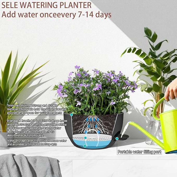 2 Pack 12 Inch Self Watering Hanging Planters for Indoor Plants, Large Black Plastic Hanging Pots with Chains for Outdoor Patio Garden Home Decor Black